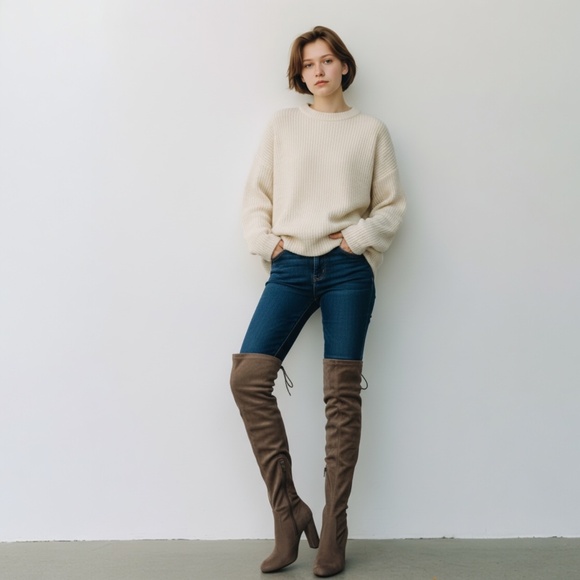 Suede Over the Knee High Boots Block Heel Taupe Modern Parisian Chic Boho 7.5 - Picture 12 of 12